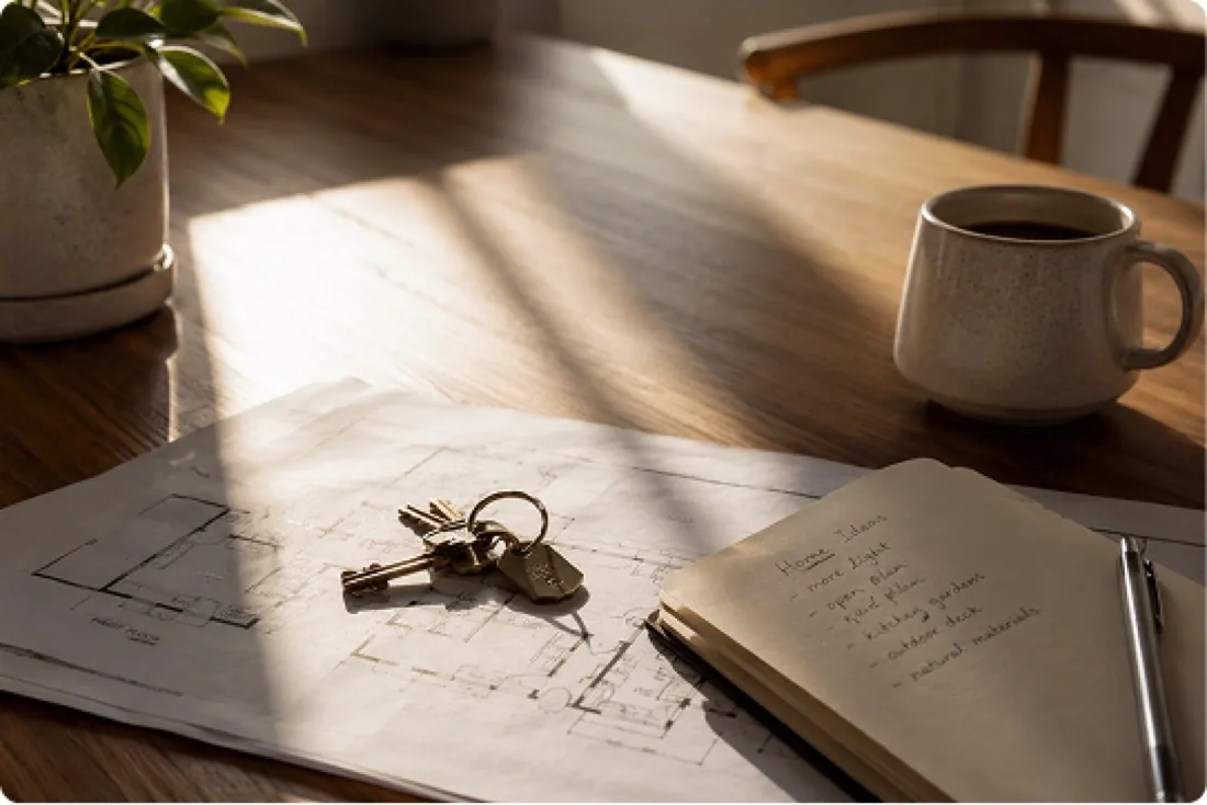 House keys on a table beside a floor plan and a moving list