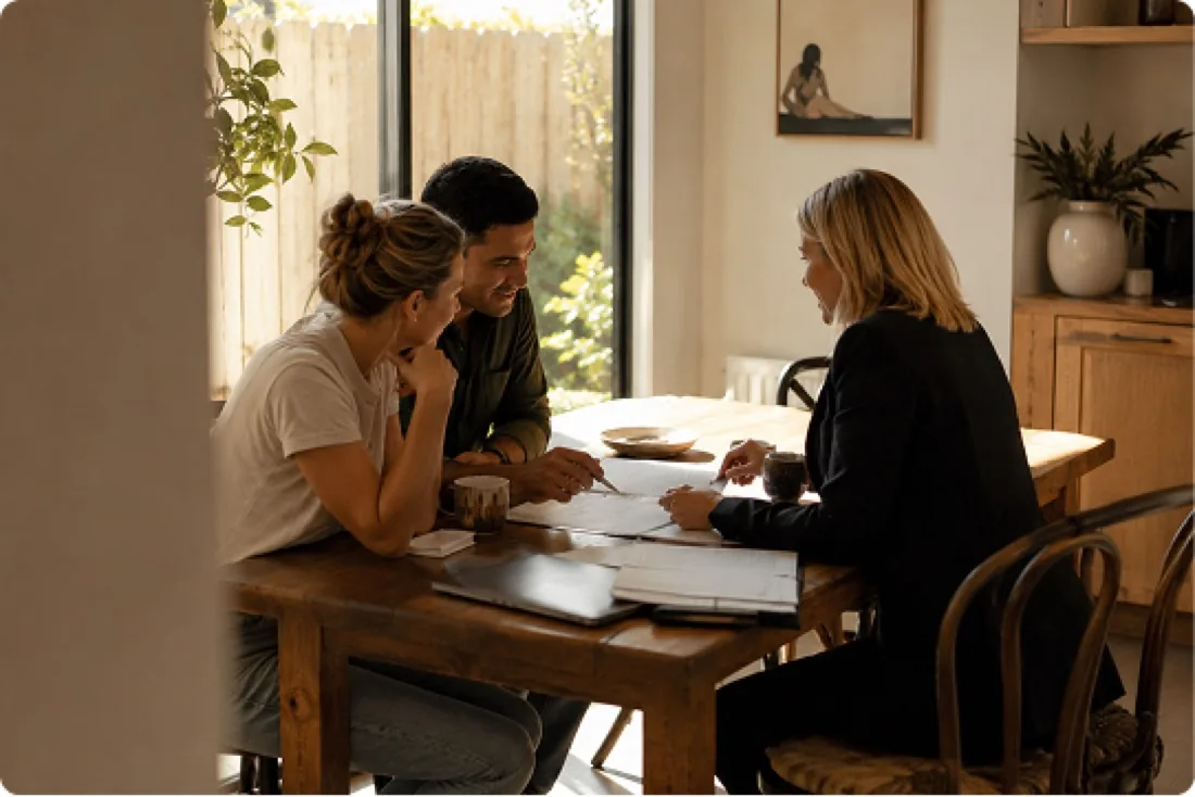 A couple talking fees with an agent at their kitchen table